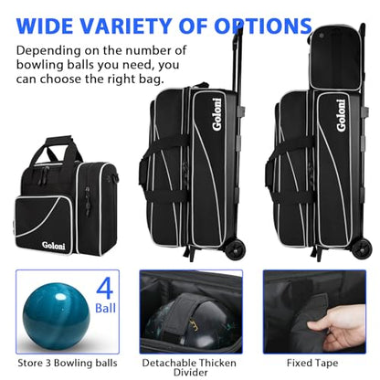 Goloni 3 Ball Bowling Bag with Wheels, Rolling Bowling Roller Bag with Retractable Handle for Balls & Bowling Accessories - color: 4 Ball-Black