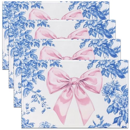 Pink Bowknot Kids Placemats Set of 4,Chrysanthemum Flowers Leaves Country Table Place Mats,Bow Tie Floral Artwork Kitchen Decor,Ink Blue Placemat Kitchen Table Decoration 12"x18" - color: Ink Blue