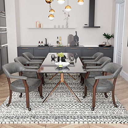 Set of 4 Dining Chair with Casters, Accent Captains Chairs with Wheels & Arms,Wheeled Roller Wood Chairs for Kitchen & Game Poker Table,Cherry&Grey 1533GY(NO Table!) - color: Cherry&grey