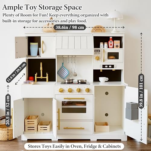 inFUNSAME Wooden Play Kitchen for Kids with Lights and Sounds,19 Accessories,Modern Design Upgraded Interactive Pretend Toddler Toy Kitchen PlaySet, Gift for Boys & Girls Ages 3+ (Cream White) - color: Cream White