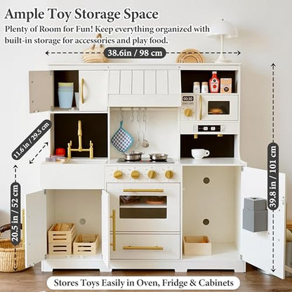 inFUNSAME Wooden Play Kitchen for Kids with Lights and Sounds,19 Accessories,Modern Design Upgraded Interactive Pretend Toddler Toy Kitchen PlaySet, Gift for Boys & Girls Ages 3+ (Cream White) - color: Cream White