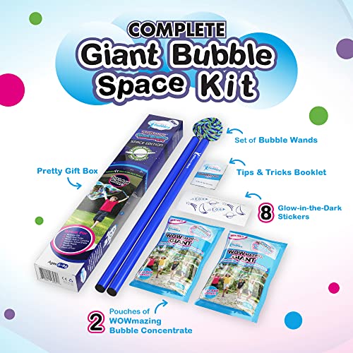 WOWMAZING Giant Bubble Kit: Space - Incl. Wand, 2 Big Bubble Concentrate Pouches and 8 Glow-in-the-Dark Stickers | Outdoor Toy for Kids, Girls | Bubbles Made in The USA - Space Kit - style: Space