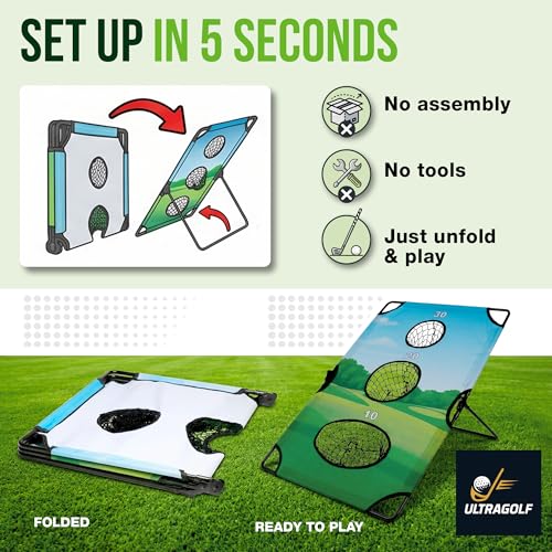2-in-1 Golf Cornhole Chipping Game Set for Adults, Families and Golf Lovers – Foldable Yard Game with Targets, Non-Slip Mats, Balls, Stakes – Portable Outdoor Lawn and Backyard Simulator