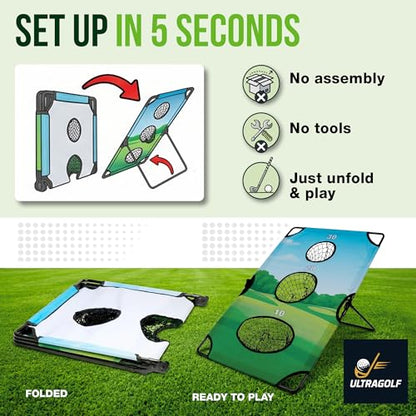 2-in-1 Golf Cornhole Chipping Game Set for Adults, Families and Golf Lovers – Foldable Yard Game with Targets, Non-Slip Mats, Balls, Stakes – Portable Outdoor Lawn and Backyard Simulator