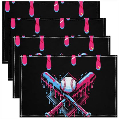 jejeloiu Baseball Placemats Set of 4 12x18 Inch Baseball Gaming Table Mats for Party Kitchen Diningation Holiday Pink Ice Cream Drip Place Mat for Dinner Table Indoor Non-Slip Easy to Clean Washable - color: Black Pink Blue