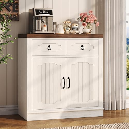 LIKIMIO Buffet Cabinet with 2 Drawers, 32" Sideboard Buffet Storage Cabinet with Doors and Shelves, Farmhouse Coffee Bar Station Kitchen Cabinet for Dining Room, Living Room, Entryway, White