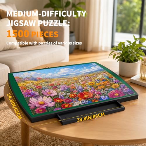 Xubialo 1500pc Rotating Puzzle Board with 2 Drawers & Cover, 25"x34" | Portable metal Spinning Jigsaw Puzzle Table for Adults, Upgraded Lazy Susan, Ideal Gift for Mum