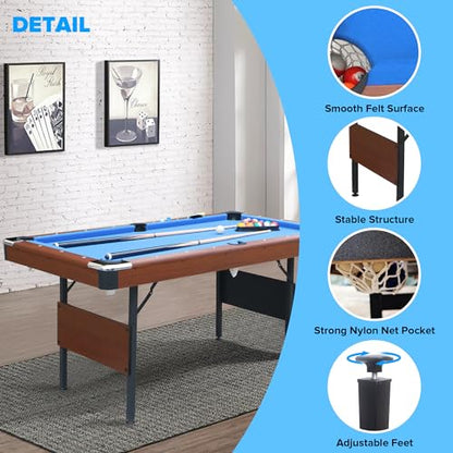 Ditkoko Billiard Table, 64" Folding Pool Table with with Balls, Cues, Chalk, Brush and Triangle, Pool Table Set for Family Game Room, Adult Rrec Room, Basements, Man cave or Garage - color: Blue & Brown