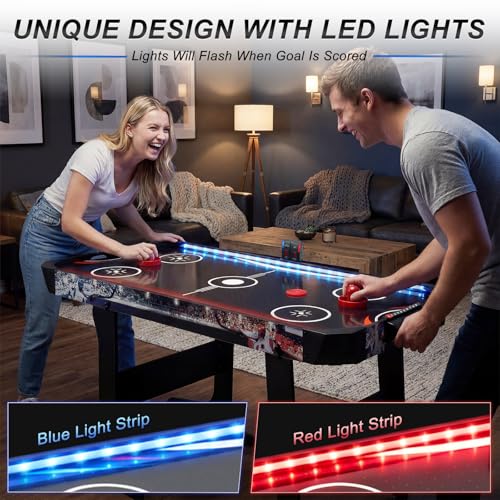 RAYKEEP 57 Inch Foldable Air Hockey Table with LED Lights, Indoor Arcade Game Table w/ 2 Pushers, 2 Pucks, Powerful 12V Motor for Kids & Adults, Home Game Room Office