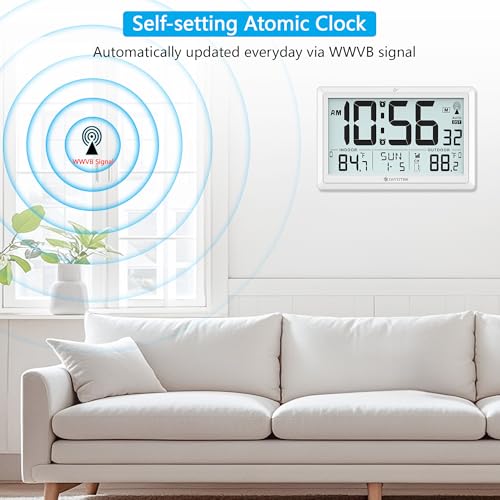 Atomic Clock Wall with Indoor/Outdoor Temp & 10.5" Large LCD Display, White | Battery Operated Digital Wall Clock, 330ft Range Desk Table Clock with Alarm, DST, Calendar for Living Room Bedroom Office - color: White