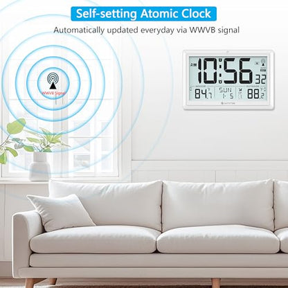 Atomic Clock Wall with Indoor/Outdoor Temp & 10.5" Large LCD Display, White | Battery Operated Digital Wall Clock, 330ft Range Desk Table Clock with Alarm, DST, Calendar for Living Room Bedroom Office - color: White