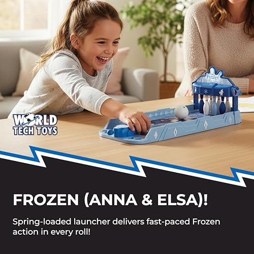 Disney Frozen Elsa and Anna Tabletop Bowling Game – Spring Launcher, Auto-Reset Pins, Disney Arcade Style – Mini Games for Kids & Adults - Ages 6+