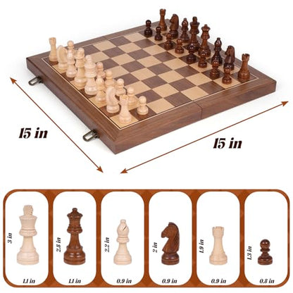 15 Inch Magnetic Wooden Chess Set with Storage, Folding Chess Board Game with Strong Magnets, Tournament Size 3 Inch King, 2 Extra Queens, Portable Travel Chess Set for Adults & Kids