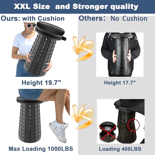 ALEVMOOM XXL Collapsible Stool with Thick Cushion,Taller 19.7" Wider 11.8" Camping Chair More Sturdy Capacity 1000LBS,Portable Telescoping Adjustable Stool for Garden Fishing Hiking BBQ (Large Black) - color: Large Black