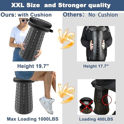ALEVMOOM XXL Collapsible Stool with Thick Cushion,Taller 19.7" Wider 11.8" Camping Chair More Sturdy Capacity 1000LBS,Portable Telescoping Adjustable Stool for Garden Fishing Hiking BBQ (Large Black) - color: Large Black