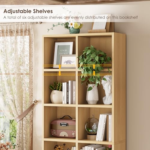 FOTOSOK 71'' Tall Bookshelf with 14 Cubes, 7 Tier Double Wide Wood Bookshelf with 6 Adjustable Shelves, 19.6" Narrow Bookcase DVD/CD Media Storage, Space Saving Display Shelf Cabinet, Natural - color: Natural
