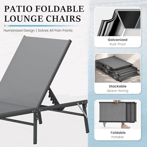 UDPATIO Foldable Patio Lounge Chairs Outdoor Chaise Lounge with 5-Positions Poolside Lounge Chairs with Portable Design for Pool, Beach, Deck, Backyard No Assembly(1 PCS)