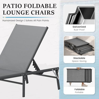 UDPATIO Foldable Patio Lounge Chairs Outdoor Chaise Lounge with 5-Positions Poolside Lounge Chairs with Portable Design for Pool, Beach, Deck, Backyard No Assembly(1 PCS)