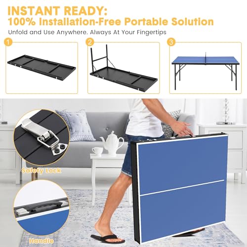 Portable Ping Pong Table, Foldable Table Tennis Tables with 2 Paddles and 3 Balls for Outdoor and Indoor Use, 5 Minute Assembly, 60 x 26 x 27.5 Inch