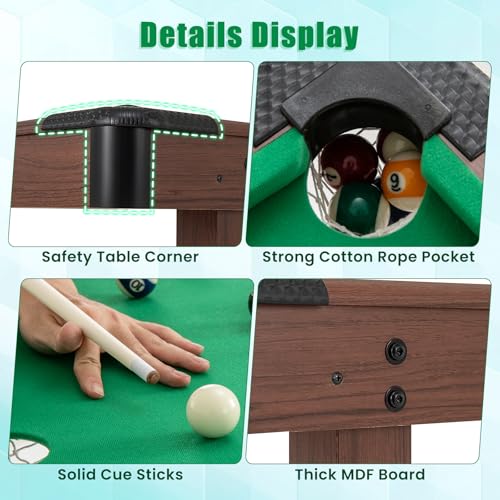 Goplus 48” Pool Table, Wooden Billiards Table w/ 2 Cue Sticks, 16 Balls, 2 Chalks, Triangle, Brush, Compact Pool Game Table for Kids Adults Family Game Room Bar Office - style: Upgrade Table 48’’, Green