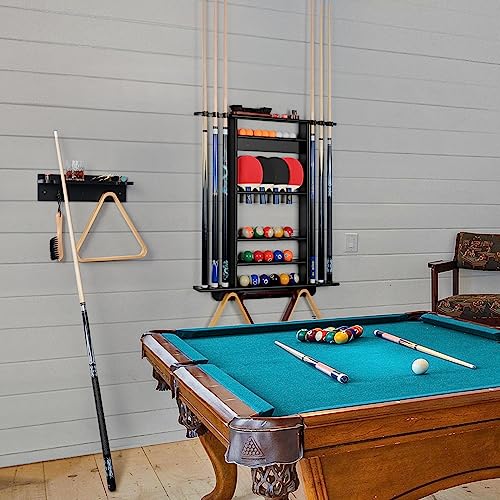 XCSOURCE Bamboo Pool Cue Holder Wall Mount, 4 Cue Rack with Ball Rack & Drink Holder, Black, 15.7 x 4.3 x 4.3 Inches - color: Black, 4 Pool