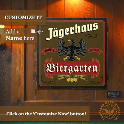 Personalized Dart Board Cabinet Set with 6 Steel Tip Darts, Paper Dartboard, Chalk & Eraser (21.5 x 21.5 x 2.75) - Man Cave Dart Boards for Adults - style: Biergarten