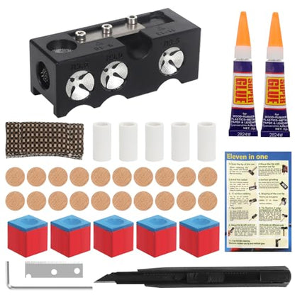Vefungyan Pool Cue Tips Replacement Kit: 11 in1 Billiards Pool Cue Tip Repair Shaper Tool with 20pcs cue Tips 5 Chalk for Replacement - color: Black