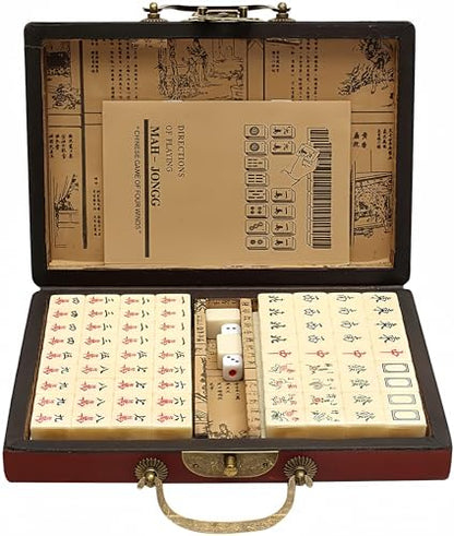 Chinese Mahjong Set | 146PCS Mini Tiles，0.87" x 0.59" x 0.47" Tiles, 2PCS Dot Dice, 6.7" Wooden Carry Case, For Travel, Family Gathering, Party