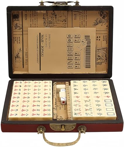 Chinese Mahjong Set | 146PCS Mini Tiles，0.87" x 0.59" x 0.47" Tiles, 2PCS Dot Dice, 6.7" Wooden Carry Case, For Travel, Family Gathering, Party