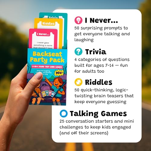 WELL BALANCED Road Trip Games for Kids Travel Essentials, Trivia, Riddles, Car Activities Must Haves for Ages 7+