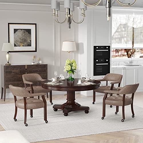 Set of 4 Dining Chair with Casters, Accent Captains Chairs with Wheels & Arms,Wheeled Roller Wood Chairs for Kitchen & Game Poker Table,Cherry&Light Wheat 1533LT(NO Table!) - color: Cherry&light Wheat