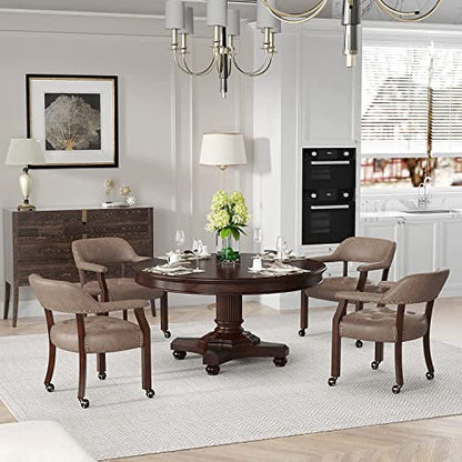 Set of 4 Dining Chair with Casters, Accent Captains Chairs with Wheels & Arms,Wheeled Roller Wood Chairs for Kitchen & Game Poker Table,Cherry&Light Wheat 1533LT(NO Table!) - color: Cherry&light Wheat