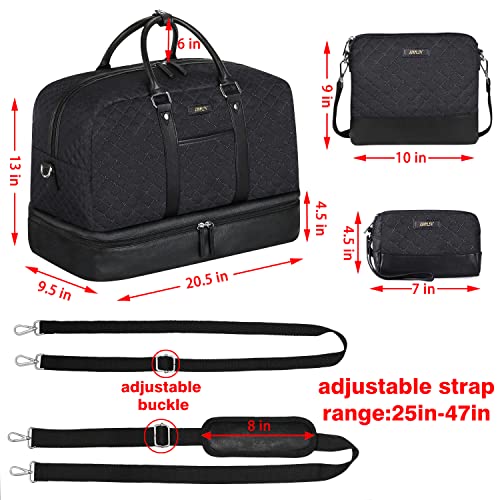 Weekender Bag for Women, Large Overnight Bag Canvas Travel Duffel Bag Carry On Tote with Shoe Compartment 21" 3Pcs Set - color: A06-black+black