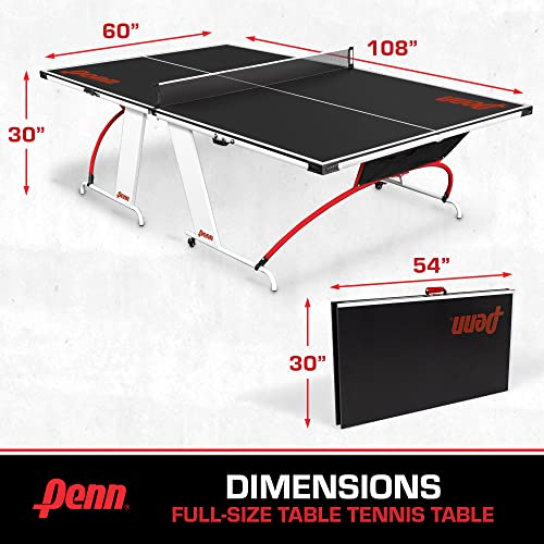 Penn Full-Size Ping Pong Table - Engineered Wood, Black/White/Red - Foldable Design for Portable Ping Pong Play - 15mm Laminated Surface for Precision Play - Table Tennis Set 40mm Balls & Paddles