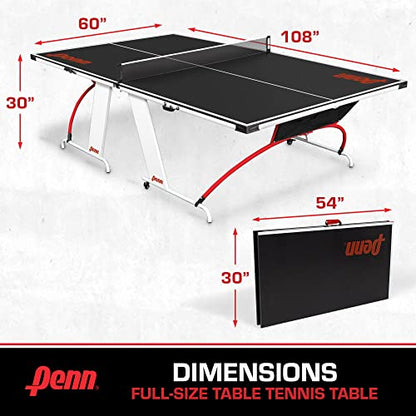 Penn Full-Size Ping Pong Table - Engineered Wood, Black/White/Red - Foldable Design for Portable Ping Pong Play - 15mm Laminated Surface for Precision Play - Table Tennis Set 40mm Balls & Paddles