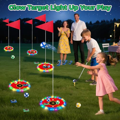 VATOS 2-in-1 Light up Golf for Kids- Golf Chipping Game & Bean Bag Toss with 6 LED Targets, 2 Clubs, 18 Balls, Night Golfs Play for Indoor Outdoor Party Yard Golfer Gifts Sports Toys for Kids 5-12