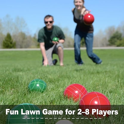 100mm Bocce Ball Set Regulation Size and Weight with 8 Resin Bochie Balls, Pallino, Carrying Bag, Measuring Rope, Gift for Family Backyard Lawn Yard Beach Bocci Games (Multi Colors, 2-8 Players) - style: Premium 100mm Green and Red