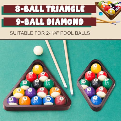 22 Pcs Pool Table Brush Set Wooden Billiard Rack 8 or 9 Ball Triangle Diamond for 2-1/4" Pool Ball with Polish Cloth Sticky Lint Roller Cue Chalk Cube Accessories - color: Wine Red