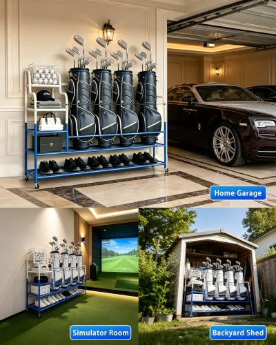 Golf Bag Storage Garage Organizer for 4 Bags, Golf Storage Rack with Wheels | 50% More Space Multi-Zone,All-In-One Compact 5-tier Heavy-Duty Rack,4 360° Casters,Movable Basket,Extra Bottom Storage,Gifts - size: 4 Golf Bag Rack丨60"(L)x15.8(W)"x44.6"(H)
