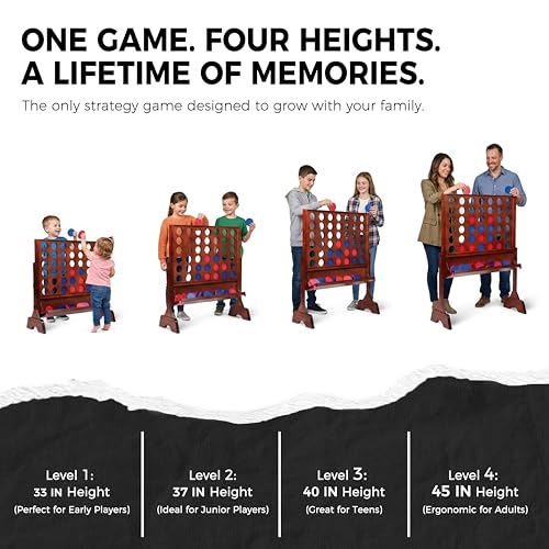 Height Adjustable (2.75-3.75 FT) Giant Wooden 4 in A Row Game | Foldable Tray, 2 Styles of Play: Wall Mounted or Set-up on Ground, Carrying Case, Detachable Legs - style: Premium (Adjustable 33"-45")