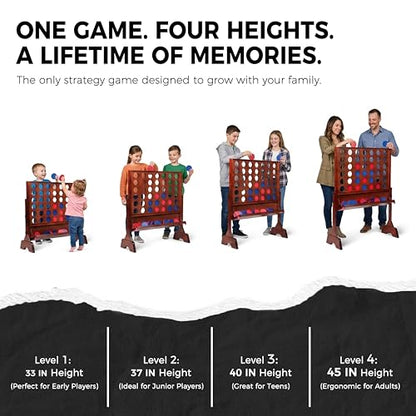 Height Adjustable (2.75-3.75 FT) Giant Wooden 4 in A Row Game | Foldable Tray, 2 Styles of Play: Wall Mounted or Set-up on Ground, Carrying Case, Detachable Legs - style: Premium (Adjustable 33"-45")