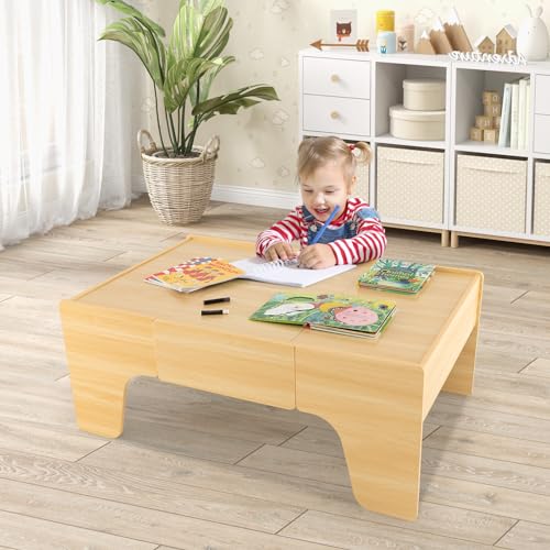 Costzon Train Table, 3-in-1 Wooden Train Set Table w/Reversible 84 PCS Track Train Toys, Table Map & Storage Drawer for Building, Playing, Studying, Kids Activity Table for Toddlers Aged 18 M+ - size: 38" x 24.5" x 15.5" (L x W x H)