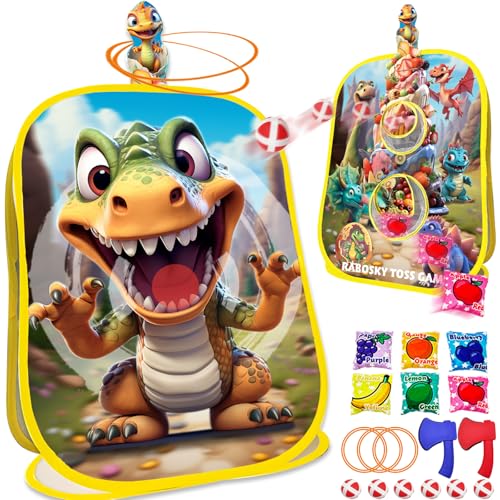 RaboSky 4-in-1 Dinosaur Bean Bag Toss Game for Kids Ages 3-5 4-8, Big Birthday Party Gifts & Fun Outdoor Activities for Boys, Toddlers with 6 Fruit Beanbags, 6 Rings, 6 Sticky Balls & 2 Axes - color: Dinosaur 20×28