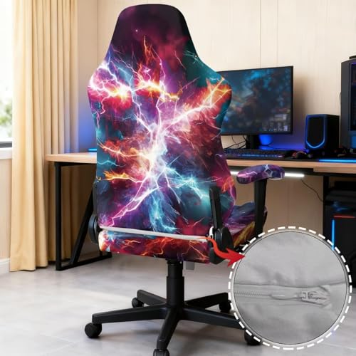 Stretchy Chair Slipcovers with Arms Cool Lightning Gaming Chair Cover Cat Scratch Proof Rotating Gaming Chair Covers Protector 4PCS Complete Set for Office Professional Environment - color: Cool Lightning