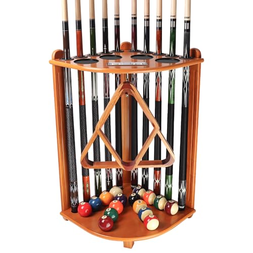 GSE Games & Sports Expert Corner-Style Floor Stand Billiard Pool Cue Racks with Score Counters, Holds Pool Cue Sticks, Balls Set, Ball Racks - color: Oak, style: 10 Cue, Corner Rack