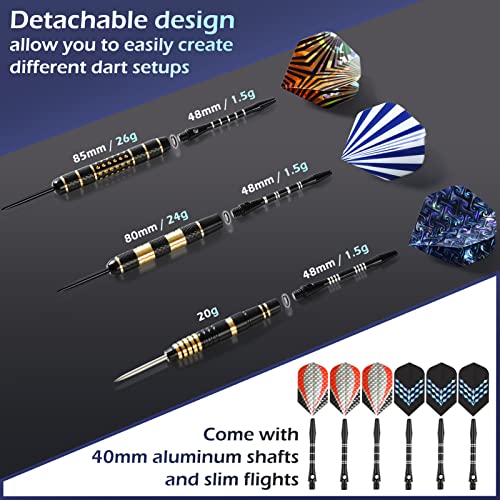 LANNEY Darts Metal Tip Set, Steel Tip Darts Set 20 Grams 24 Grams and 26 Grams Professional Darts for Dartboard with Aluminum Shafts, Brass Barrels, Extra Flights, Sharpener Tool Kit, Carrying Case