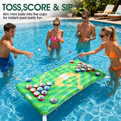 Baseball Pool Float & Inflatable beer Pong Table - 6ft Heavy Duty Reversible Ballpark Lounge for Adults, Complete Game Set for Pool Party, Lake & Backyard BBQ, Includes Balls, Cups, Pump, Stakes & Bag - color: Baseball