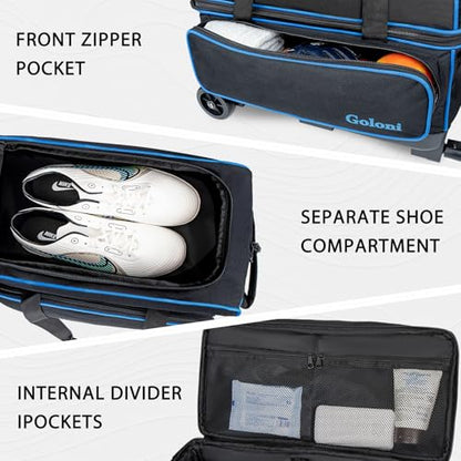 Goloni Double Roller 2 Ball Bowling Bag with Separate Shoe Compartment,2 Ball Bowling Bag with Wheels,Retractable Handle Extends to 40" - color: TR Blue
