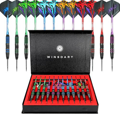 WINSDART Steel Tip Darts 12 Pack Set with Nonslip Iron Barrel Aluminum Dart Shafts and Flights Darts Sharpener an Gift Box - color: Multicolor 2-Darts-G