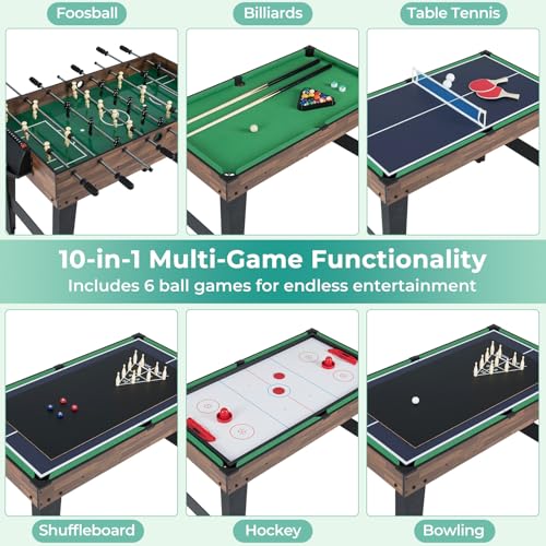 Goplus 10-in-1 Combination Multi Game Table Set, Adult Size Combo Game Table W/Foosball, Table Tennis, Pool, Air Hockey Table, Bowling, Chess, Checkers, Backgammon for Game Night - color: Brown